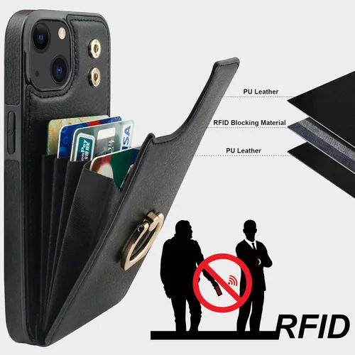 Vista 5 de Folosu Funda tipo billetera compatible con iPhone 14 con soporte para tarjetas, soporte de anillo para dedo con rotación de 360° y función atril