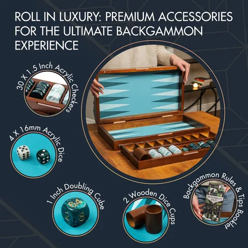 Vista 4 de Pointworks Juego de Backgammon de 20 Pulgadas Grande para Adultos, Tablero de Backgammon Verde, Madera Sólida. Bandeja de Accesorios Desmontable