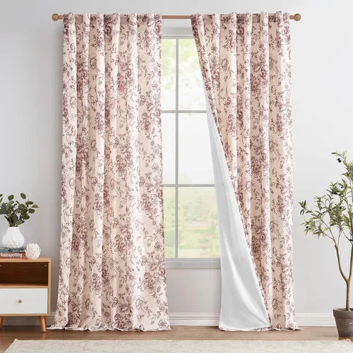 Vista 44 de Jinchan Cortinas de Mezcla de Lino con Estampado Floral para Sala de Estar, 84 Pulgadas de Largo, Cortinas con Bolsillo para Varilla y Tab Trasera