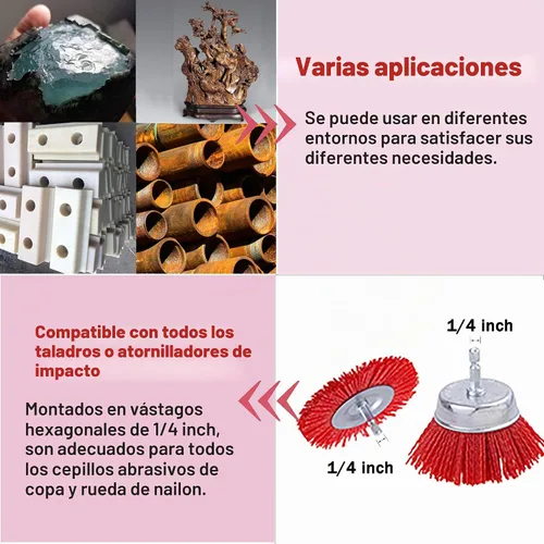 Vista 4 de Rocaris Paquete de 9 ruedas de cepillo de alambre abrasivo de filamento de nailon y cepillo de taza con vástago hexagonal de 1/4 pulgadas