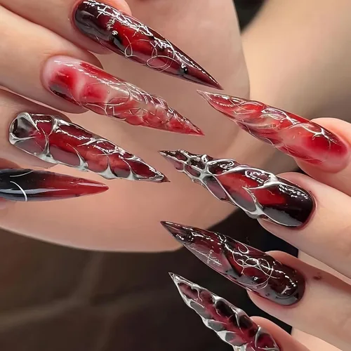Vista 12 de Uñas postizas largas a presión estilo stiletto, uñas postizas francesas degradadas blancas, uñas postizas brillantes de cobertura completa