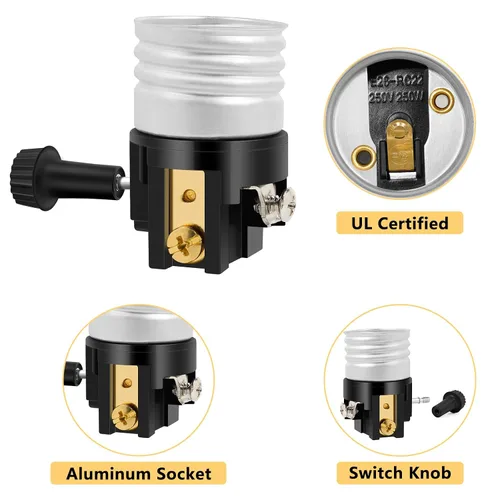 Vista 3 de Enchufe de luz E26 con certificación UL, reemplazo de enchufe de lámpara Baocuz con perilla de interruptor de encendido/apagado, piezas
