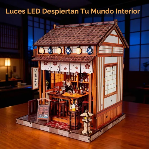 Vista 3 de Kit de rincón de libros para adultos, kit de casa de muñecas Sakura japonesa, kit de casa en miniatura con luz LED, mini kit de construcción Bar