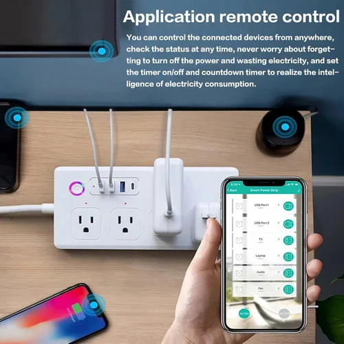 Vista 6 de UseeLink Regleta de alimentación inteligente, USB-C PD 20W, enchufe inteligente, protector de sobretensiones con 4 salidas de CA y 4 puertos USB