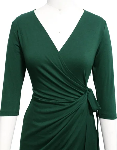 Vista 4 de Berydress - Vestido clásico para mujer con manga 34, cuello en V, cruzado simulado, informal, para fiestas y trabajo, negro