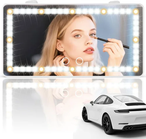 Vista 8 de SINGARO Espejo de tocador con visera solar para automóvil, espejo de maquillaje recargable con 60 LED, 3 modos de luz y control táctil regulable