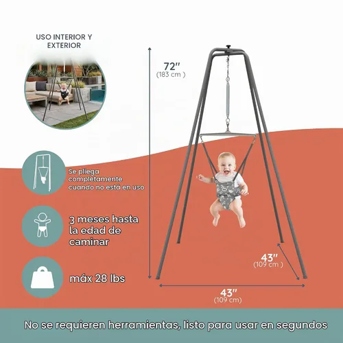 Vista 8 de Jolly Jumper Elite (Grey Safari) Ejercitador para Bebé - Marco Resistente, Saltador para Bebé con Soporte de 6 Pies de Alto, Asiento de Sillín