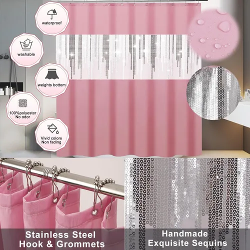 Vista 3 de Juego de accesorios de baño rosa con cortina de ducha y alfombras con purpurina, juegos de baño con alfombras de baño extrasuaves y absorbentes