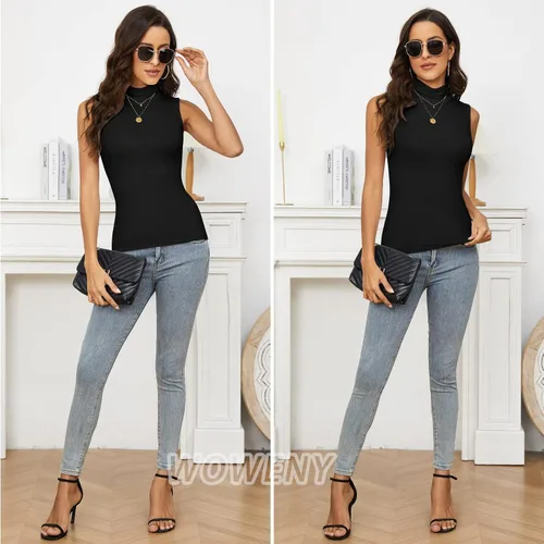 Vista 5 de WOWENY Camisetas de verano sin mangas para mujer, cuello alto, básicas, ajustadas, para negocios, casuales, sin mangas