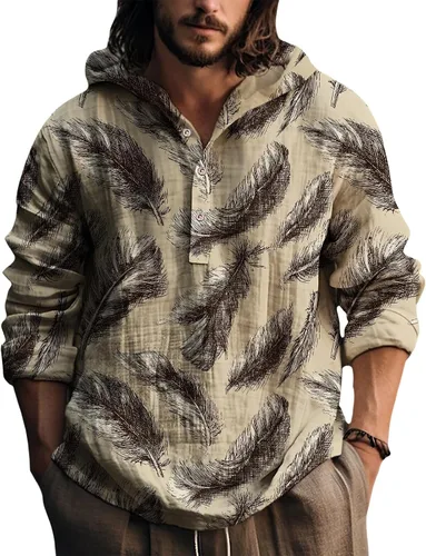 Vista 22 de Sudadera con capucha para hombre, con estampado de plumas, manga larga, 3 botones, a la moda, casual, para otoño, cómoda y suave