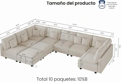 Vista 2 de LLappuil Sofá seccional modular con asientos de almacenamiento, sofá seccional convertible modular en forma de U de pana para sala de estar, sofá