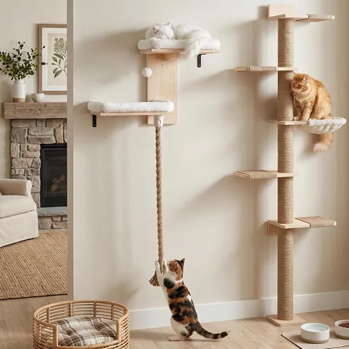 Vista 3 de Cat Wall Shelves Set with 2 Washable Beds & 4.92FT Scratching Post