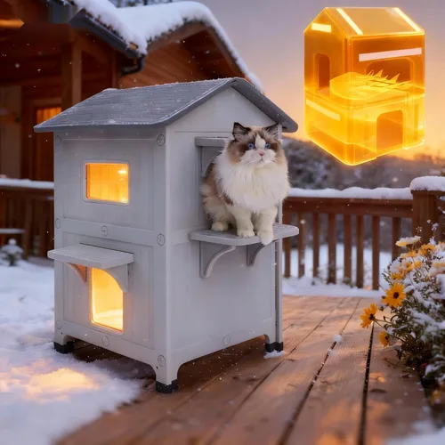 Vista 9 de Casa aislada para gatos al aire libre resistente a la intemperie para gatos múltiples felinos, refugio elevado de plástico de 2 pisos con puerta
