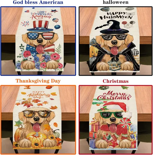 Vista 4 de 8 caminos de mesa Golden Retriever para perros de 72 pulgadas de largo, día de San Patricio, Pascua, 4 de julio, Halloween, Navidad, casa de campo