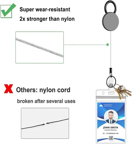 Vista 6 de Portatarjetas retráctil con clip para cinturón y llavero, resistente al agua, soporte vertical para tarjetas de identificación de metal 2, cable