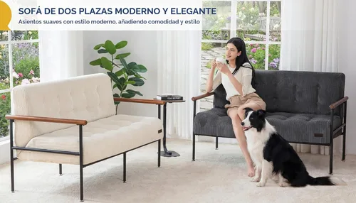 Vista 4 de MAXYOYO Silla decorativa para sala de estar, sofá biplaza con marco de metal resistente y reposabrazos de madera, sofá pequeño tapizado con botones