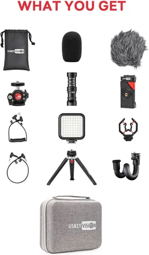 Vista 7 de Kit de vlogging para teléfono inteligente con micrófono de metal y luz (V-Master) For iPhone & Android,w/ Metal Cardioid Microphone,Flexible Grip