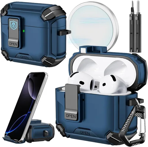 Vista 37 de Inesore Funda para AirPods Pro 1ª/2ª con bloqueo seguro (verde oscuro) Cubierta magnética de bloqueo automático con soporte para teléfono y kit