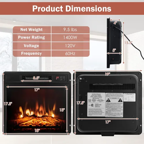 Vista 7 de Insertos de chimenea eléctrica de 18 pulgadas, calentador de chimenea empotrado de 1400 W con control remoto, temperatura ajustable y efectos