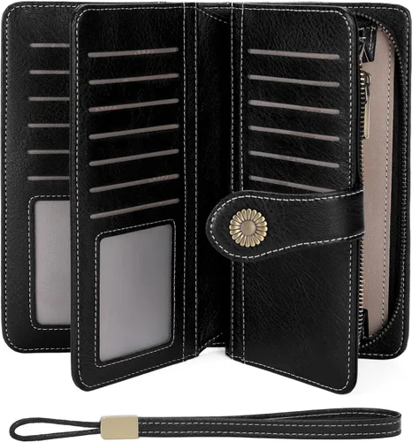 Vista 27 de FALAN MULE Cartera de cuero para mujer, de gran capacidad, bifold, con bloqueo RFID, tarjetero con bolsillo para monedas con cremallera Aa-negro.