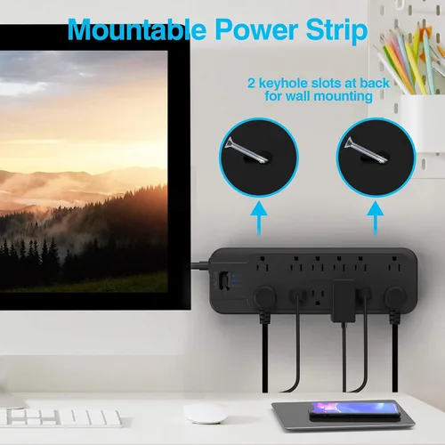 Vista 7 de VINTAR - Protector contra sobretensiones (2 × 4800 julios) con 12 tomas de CA 1875W Output, 6FT Long Extension Cord Flat Plug with Dual Surge