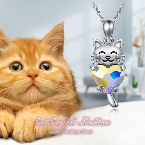 Vista 6 de JUSTKIDSTOY Collar de gato de plata de ley 925 con colgante de animal lindo con cristal de gato, regalo de joyería para mujeres y niñas amantes