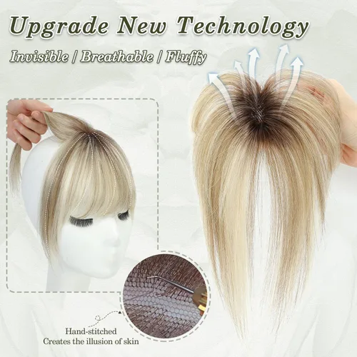 Vista 2 de Ms Taj Flequillo de cobertura de 360° de cabello humano real, extensiones de cabello con clip de aspecto natural para mujer, flequillo falso