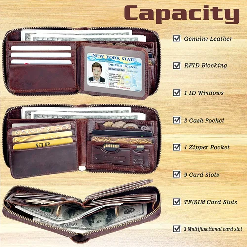 Vista 33 de Admetus Billeteras con bloqueo RFID para hombre, billetera de cuero con cremallera para hombres con tarjetero RFID plegable