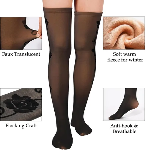 Vista 3 de Calcetines altos con forro polar para mujer, falsos translúcidos, flocados, cálidos, de felpa, gruesos, sobre la rodilla, calentadores de piernas