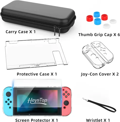 Vista 8 de Heystop - Funda de transporte para Nintendo Switch con protector de pantalla 9 en 1 kit de accesorios para Nintendo Switch y 6 unidades de agarre