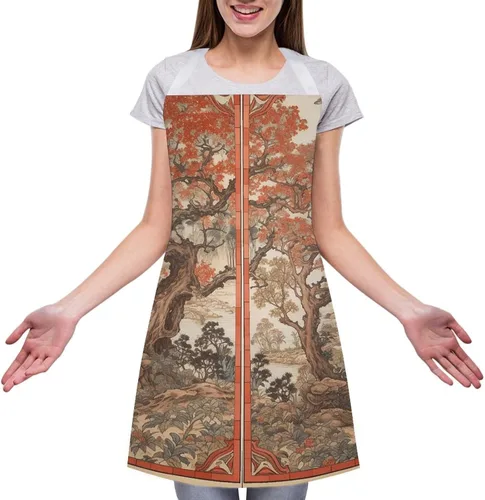 Vista 3 de MUSM Apron for Adults - 27.6 X 31.5 Inch, Heavy-Duty Polyester Aprons with Two Large Pockets, Waterproof Some Flowers And Trees Kitchen Apron for