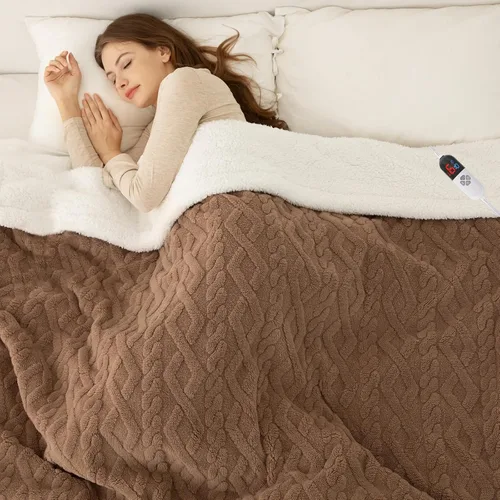 Vista 20 de Manta eléctrica tamaño individual 62"X84" amarilla - Manta cálida y gruesa de sherpa con calefacción para invierno con 5 niveles de calentamiento