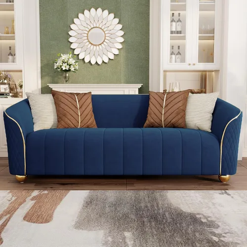 Vista 16 de Sofá de lujo de terciopelo retro de 3 plazas, cómodo sofá biplaza tapizado de terciopelo de 86 pulgadas con patas y almohadas de metal dorado, sofá