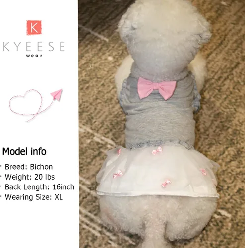 Vista 7 de KYEESE Vestido para perros gris con corbatín rosa para mascotas, ropa para cachorros para perros pequeños, falda para perros