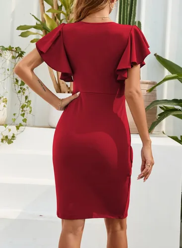 Vista 3 de IHOT Vestido de cóctel para mujer, con cuello en V, manga con volantes, fruncido, casual, para cóctel, fiesta, trabajo