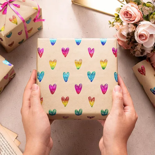 Vista 5 de RUSPEPA Rollo de papel de regalo de corazón para niñas, mini rollo, papel de estraza de papel de estraza con patrones de corazón dibujado a mano