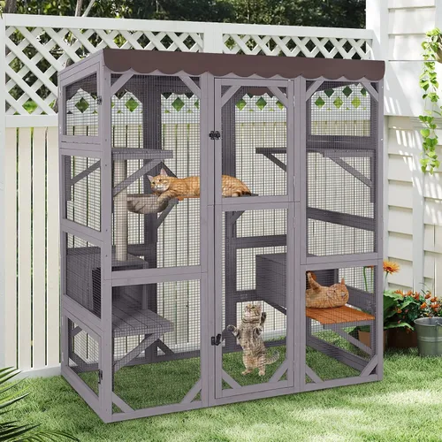 Vista 9 de Wooden Catio Outdoor Cat - Amplio condominio para gatos con 7 plataformas de escalada, 2 acogedoras casas de siestas, panel de ventana expandible