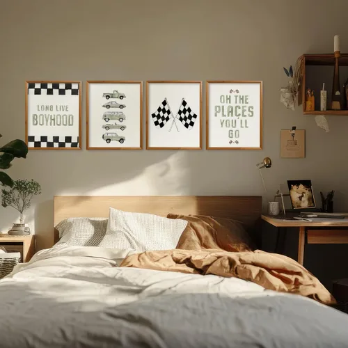 Vista 5 de Wheatwin Decoración de habitación de niños, decoración de habitación de coche de carreras para niños, juego de 4 impresiones artísticas de pared