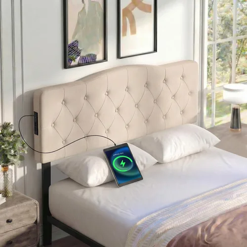 Vista 9 de GIANTEX - Cabecera con estación de carga, tamaño Queen/Matrimonial, tapizada con botones y 2 salidas de CA, puerto USB y tipo C, patas de madera