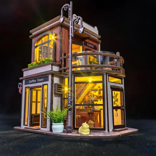 Vista 6 de Kit de rincón de libros de cafetería, rompecabezas de madera 3D para adultos con luces LED, decoración de casa de muñecas para escritorio