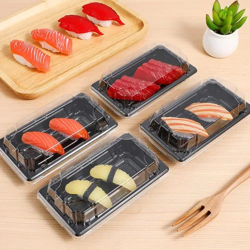 Vista 4 de Cabilock 100 bandejas de sushi con tapas, caja de sushi desechable, contenedor de transporte de pasteles de frutas, cajas para llevar, cajas
