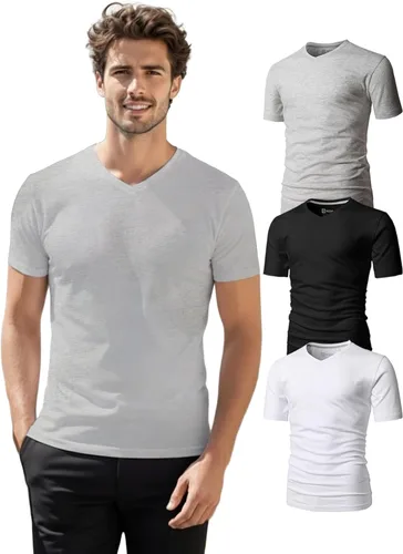 Vista 15 de H2H Camisetas para hombre - Pack de varias unidades, diseño simple, manga corta, ajuste delgado, mezcla de algodón (cuello en V/cuello redondo)