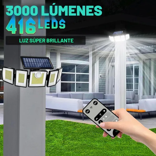 Vista 2 de Luces Solares para Exteriores Impermeables con Sensor de Movimiento - 416 LEDs 3000 Lúmenes Súper Brillantes 3 Niveles de Brillo 3 Modos 2400mAh