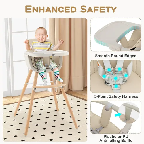 Vista 4 de BABY JOY Trona convertible para bebé, 3 en 1, silla alta de madera/asiento elevador/silla con bandeja extraíble, patas ajustables, arnés de 5 Beige