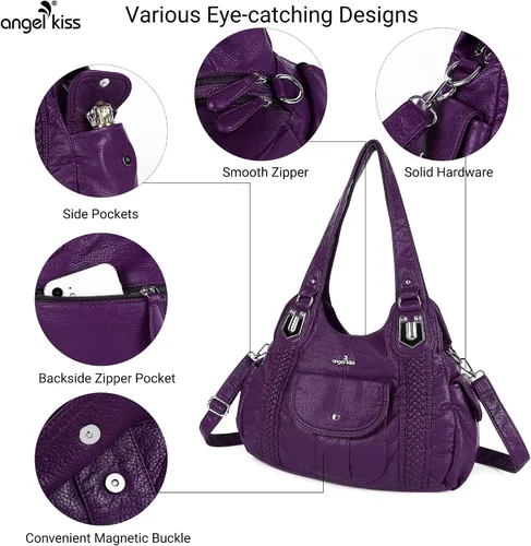 Vista 5 de Angelkiss - Bolsos y bolsos de mano para mujer, de cuero vegano lavado, bolso cruzado estilo hobo