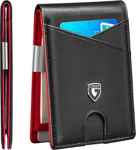 Vista 60 de GSOIAX Cartera delgada de cuero plegable RFID para hombre, billetera minimalista con bolsillo frontal con clip para dinero, 12 ranuras para Negro