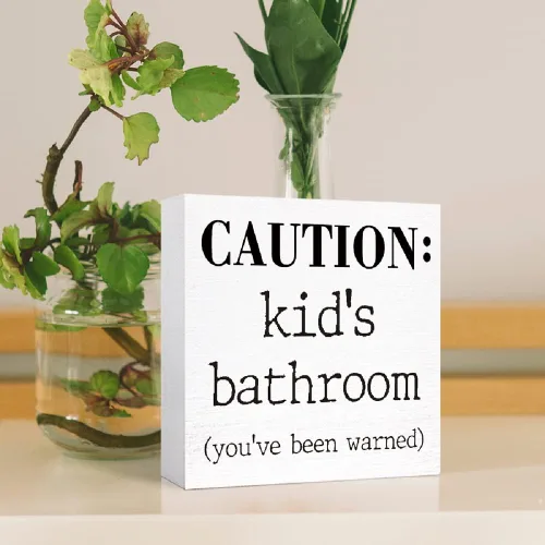 Vista 4 de Letrero de madera para baño de niños, divertido letrero de madera de precaución para el baño de niños, estante de baño, estantes de baño, decoración