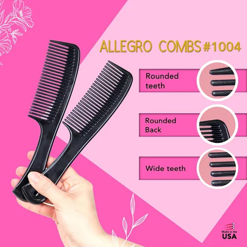 Vista 4 de Allegro Comb 1004 Peines desenredantes de dientes anchos para mujeres, estilistas, peine de pelo rizado para hombre, 2 piezas (negro)