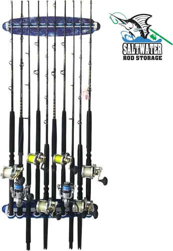 Vista 2 de Rush Creek Creations Reel Salty - Soporte para caña de pescar impermeable para 10 cañas de pesca de agua salada + equipo de pesca y accesorios