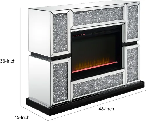 Vista 5 de Benjara BM238110 Chimenea eléctrica con marco de panel de espejo e incrustaciones de cristales sintéticos, color plateado